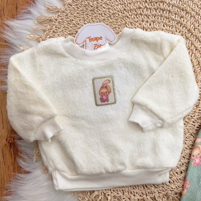 Conj. Casaco de Pelinho Coelhinha com Estrela e Calça em Plush - Off White e Verde